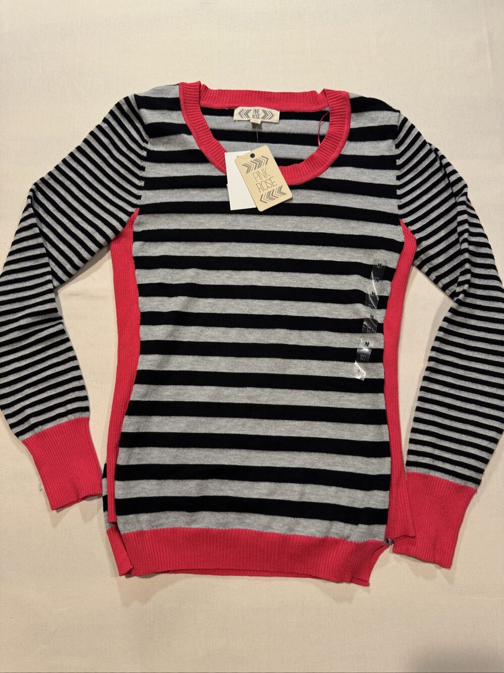 Women’s NWT Pink Rose Striped Sweater - Black/Gray/Pink - Medium